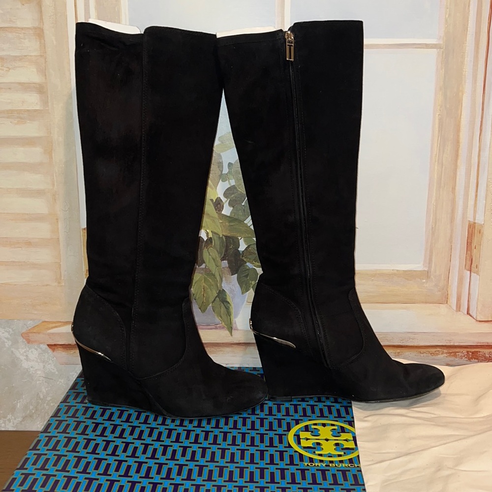 Tory Burch Black Suede Wedge Knee Boots